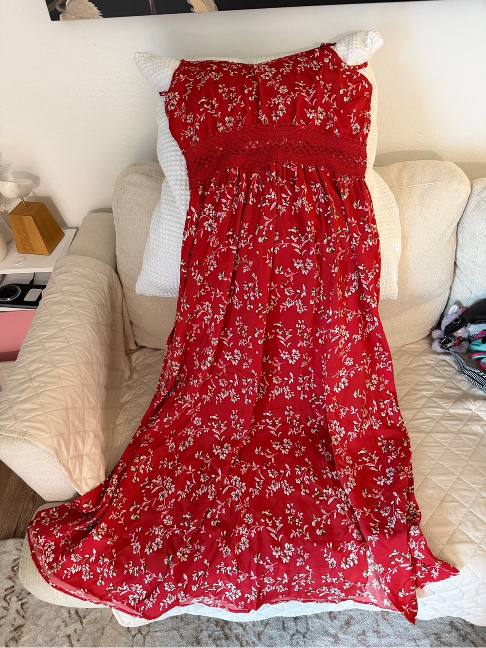 Girls' Red Floral Maxi Dress with Lace Waistband